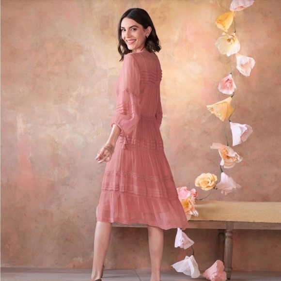 Sundance Rosalie Midi Dress Dusty Rose Semi Sheer Cinched Waist with Ties  Med - Picture 2 of 10